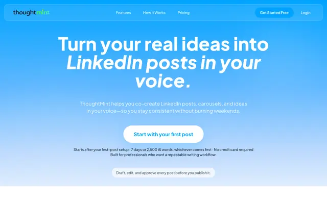 Screenshot of ThoughtMint.ai — AI Tools for LinkedIn Personal Branding