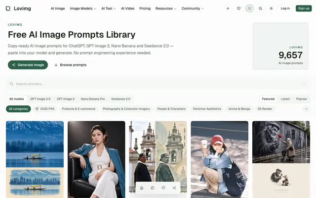 Screenshot of Free AI Image Prompts Library — ChatGPT & GPT Image 2 | Lovimg