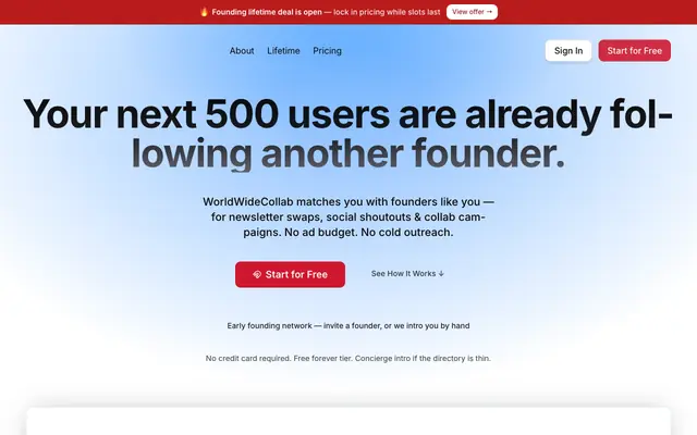 Screenshot of WorldWideCollab — Founder Cross-Promotion Platform | Grow Without Ads