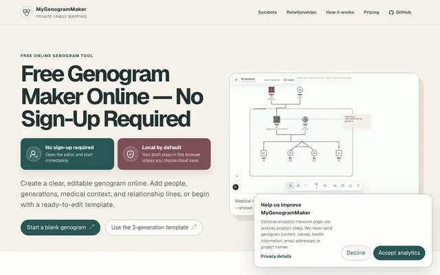 Screenshot of Free Genogram Maker Online — No Sign-Up | MyGenogramMaker