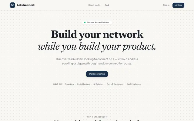 Screenshot of LetsKonnect — Connect with Real Builders on X