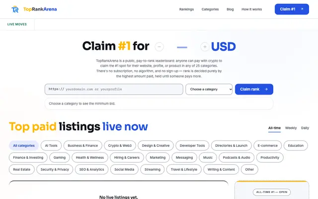 Screenshot of TopRankArena — Promote Your Site or Profile with Crypto