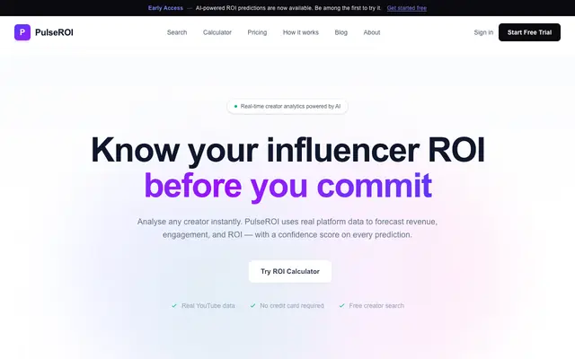 Screenshot of PulseROI — YouTube Creator Intelligence & 24/7 Influencer Monitor for Indian Bra