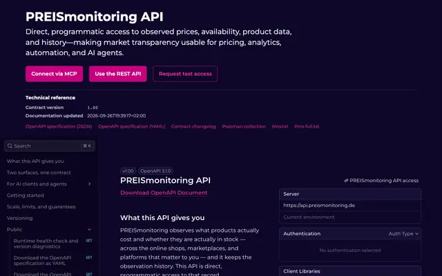 Screenshot of PREISmonitoring API — REST & MCP reference