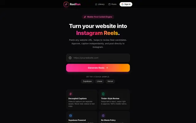 Screenshot of ReelRun — Turn Websites into Instagram Reels