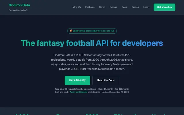 Screenshot of GridIron Data — The #1 Fantasy Football API