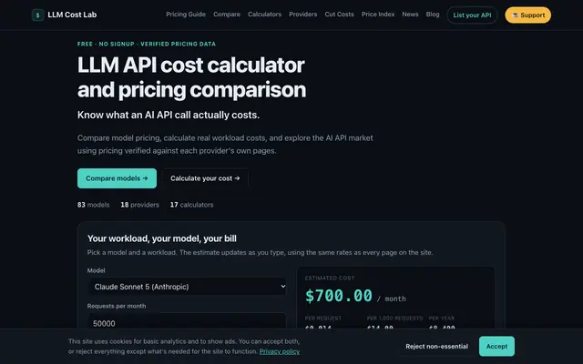 Screenshot of LLM API Pricing & AI Model Cost Calculator | LLM Cost Lab