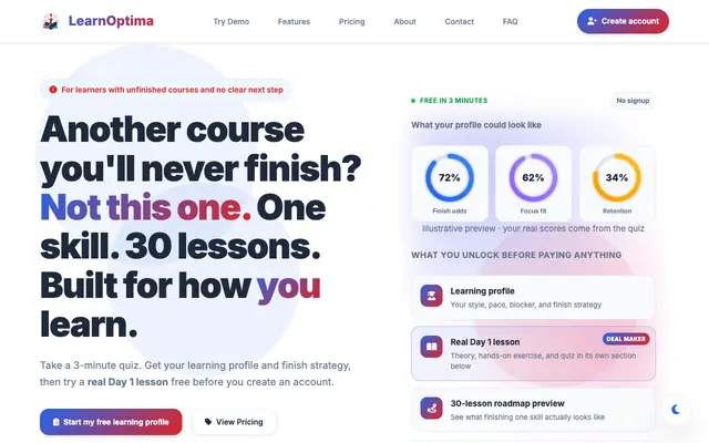 Screenshot of Finish One Skill in 30 Days | LearnOptima Free Learning Profile