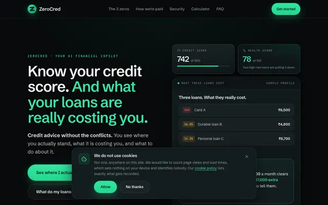 Screenshot of ZeroCred | Credit advice with the conflicts removed