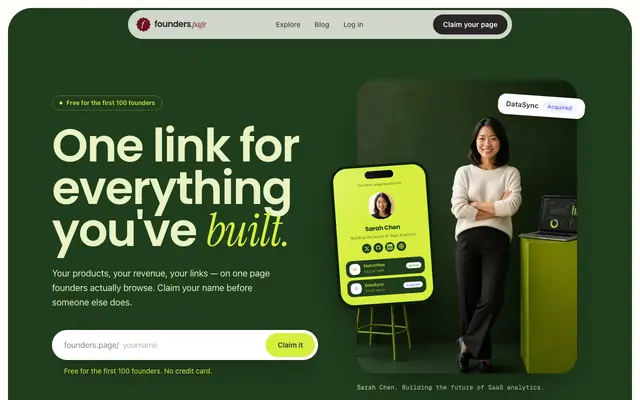Screenshot of founders.page: A homepage for every founder