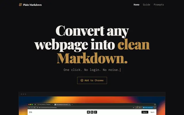Screenshot of Plain Markdown | Webpage to Markdown Browser Extension