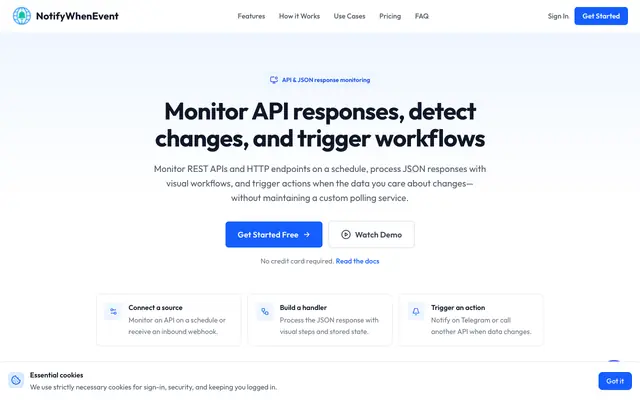 Screenshot of API Response Monitoring & Automation | NotifyWhenEvent