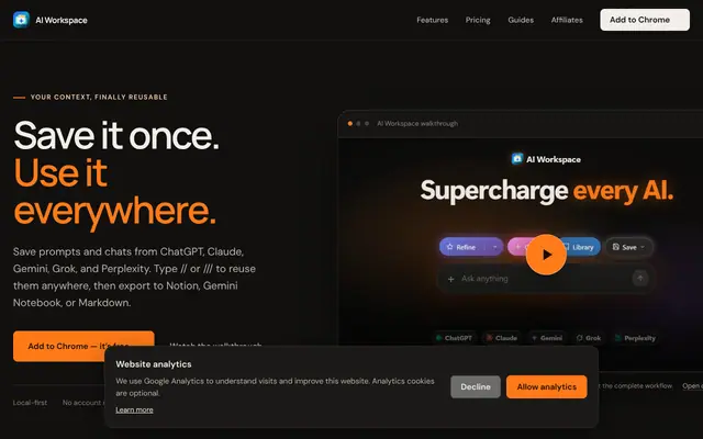 Screenshot of AI Workspace — Prompt Manager & AI Chat Library for Chrome