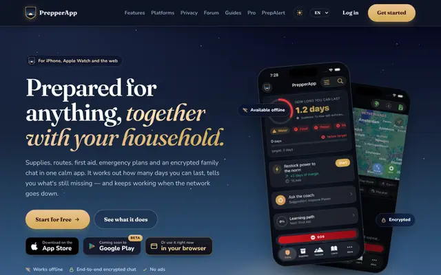 Screenshot of PrepperApp — Today, Supplies, Outside, Learn and Family