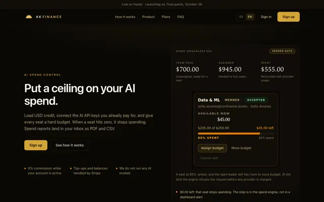 Screenshot of AK FINANCE — AI spend control
