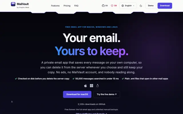 Screenshot of MailVault — Archive IMAP Emails Locally | Free Up Server Storage on Mac & Linux