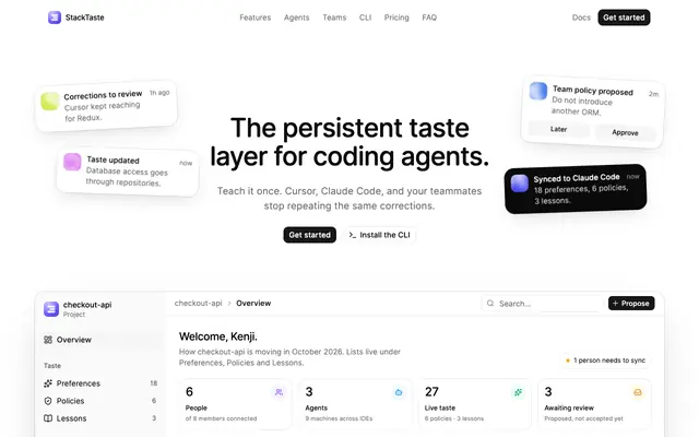 Screenshot of StackTaste — The persistent taste layer for coding agents.