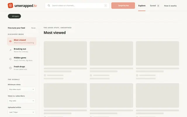 Screenshot of Discover YouTube Videos Beyond Your Feed | unwrapped.tv