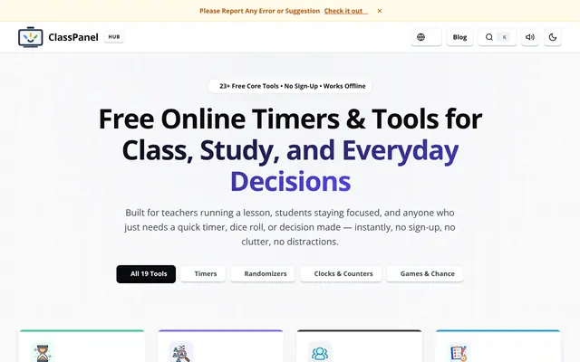 Screenshot of ClassPanel — Free Online Timers, Wheels & Tools for Classrooms & Study