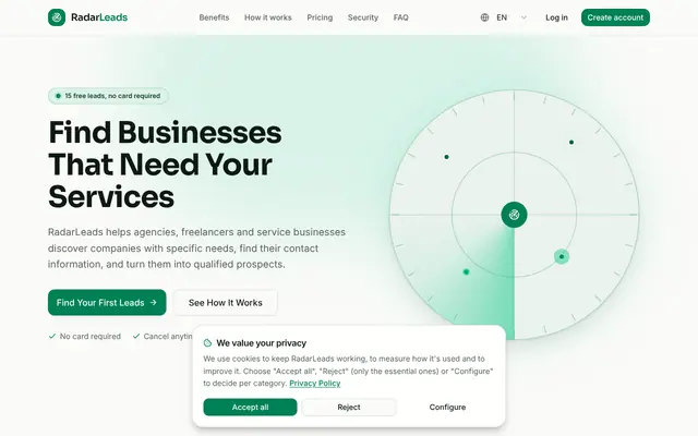 Screenshot of RadarLeads — Find Businesses That Need Your Services