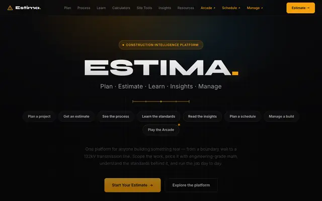 Screenshot of Estima — Construction Intelligence Platform | Plan, Estimate, Learn,Schedule, Ma