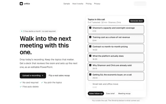 Screenshot of unfill.io — Turn meetings, podcasts, and interviews into presentations
