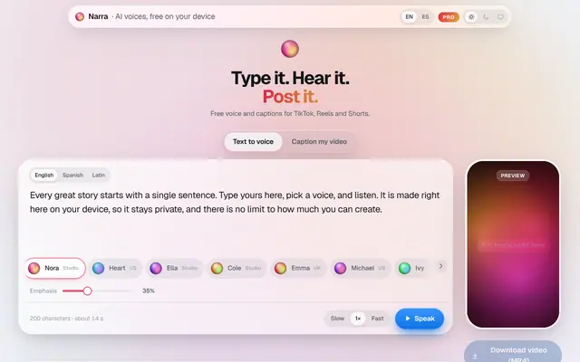Screenshot of Narra: free AI voices and faceless video captions, on your device