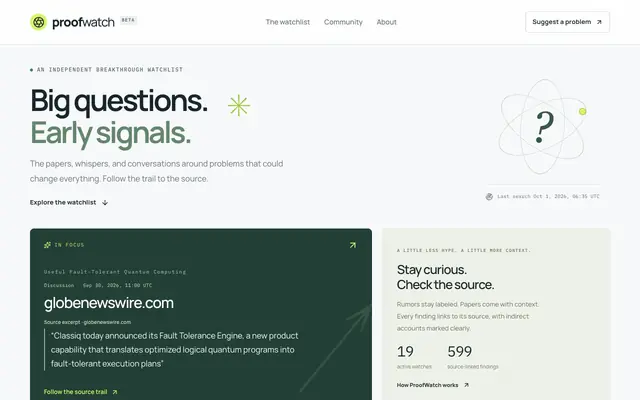 Screenshot of ProofWatch — Big questions. Early signals.