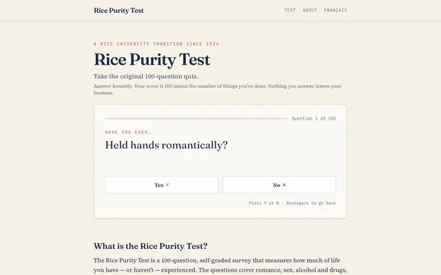 Screenshot of Rice Purity Test - Take the Official 100 Question Quiz