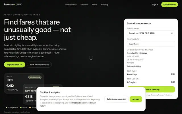 Screenshot of FareHalo — Find fares that are unusually good — not just cheap.