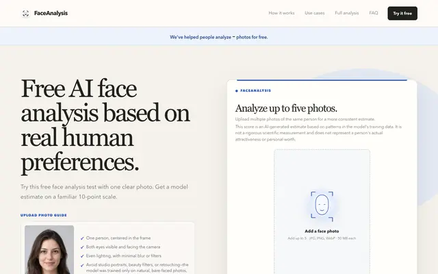 Screenshot of Free AI Face Analysis Test & Face Score | FaceAnalysis