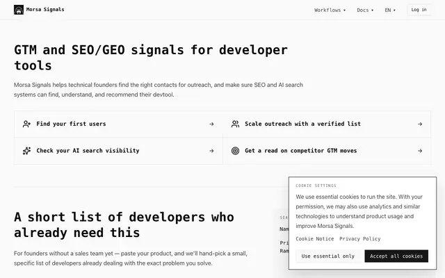 Screenshot of GTM & SEO/GEO Signals for Developer Tools | Morsa Signals