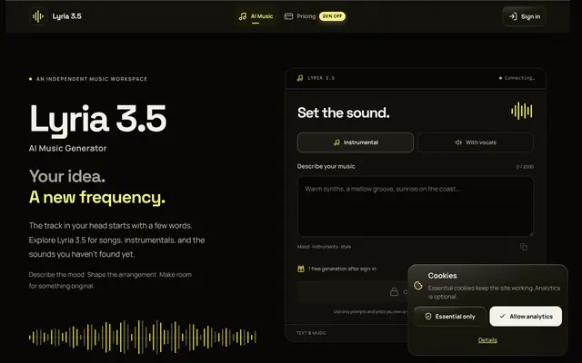 Screenshot of Lyria 3.5 AI Music Generator — Turn Ideas into Music