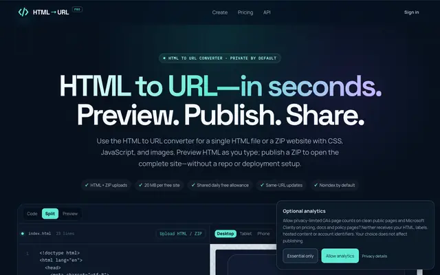 Screenshot of HTML to URL Converter — Preview, Check & Share HTML · HTMLtoURL Pro