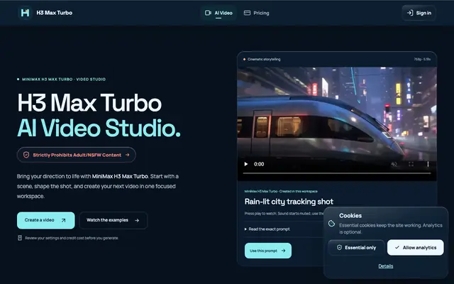 Screenshot of H3 Max Turbo — MiniMax H3 Max Turbo AI Video Generator