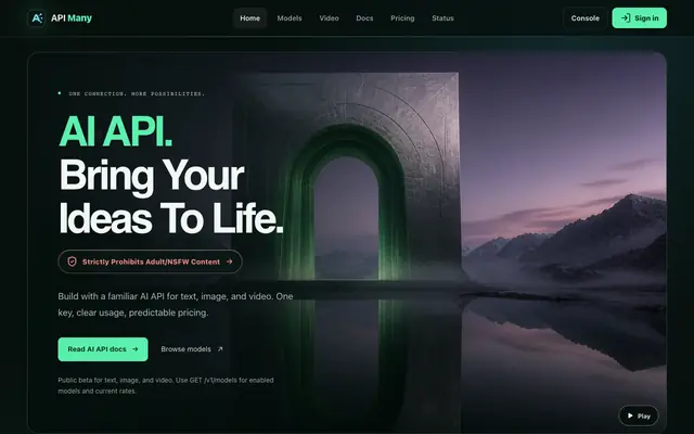 Screenshot of AI API for Text, Image & Video | API Many