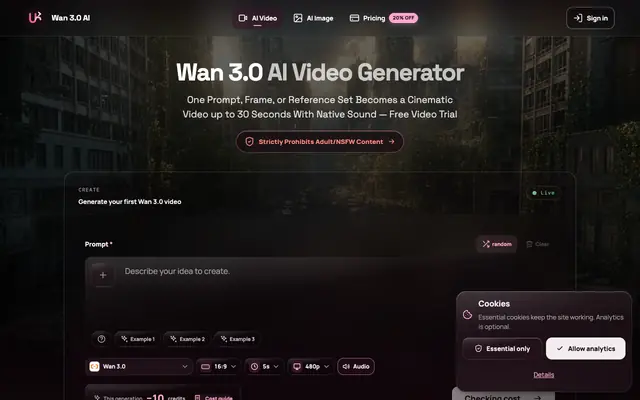 Screenshot of Wan 3.0 AI Video Generator — Wan 3 Video From Text, Image & References