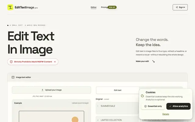 Screenshot of Edit Text in Image Online — AI Image Text Editor