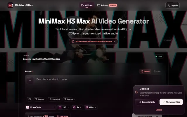 Screenshot of MiniMax H3 Max AI Video Generator With Native Audio | H3Max.art