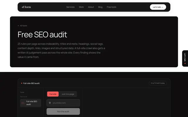 Screenshot of Free SEO audit - crawl your whole site instantly - ef.form