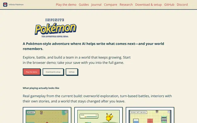 Screenshot of Infinite Pokémon — a persistent AI adventure you can play in your browser