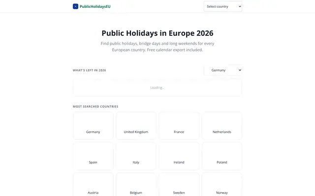 Screenshot of Public Holidays in Europe 2026 — Complete Guide