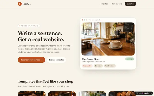 Screenshot of Frost.io — Websites for local businesses