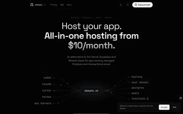 Screenshot of ohmyho.st — Hosting for agents, from $10/month