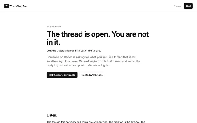 Screenshot of WhereTheyAsk | Daily Reddit Buyer Threads & Replies