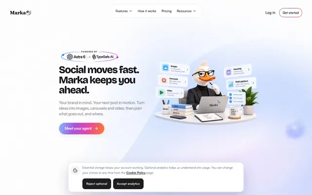 Screenshot of AI Social Media Agent for Connected Channels | Marka