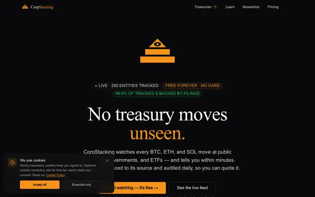 Screenshot of CorpStacking — Corporate BTC, ETH & SOL Treasury Tracker