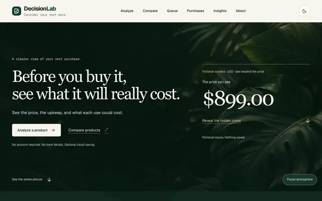 Screenshot of DecisionLab — Before you buy it, see what it will really cost.