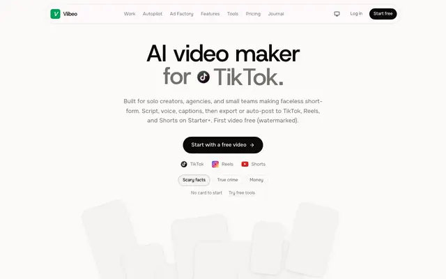 Screenshot of AI Video Maker for Faceless TikTok, Reels & Shorts | Viibeo