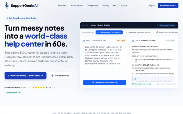 Screenshot of SupportGenie AI — AI Help Center Builder for Modern SaaS